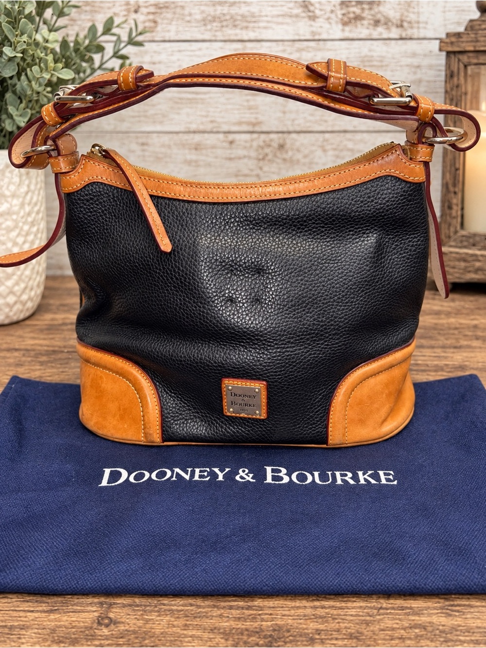 Dooney & Bourke Black Leather Hobo with Tan Trim